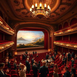 A stunning view of a grand theater interior, featuring an ornate chandelier hanging from the ceiling, plush red velvet seats arranged in a semi-circle, and a beautifully painted stage backdrop depicting a serene landscape