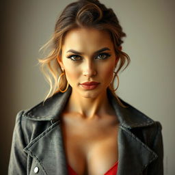A gorgeous 40-year-old woman dressed beautifully in a fashionable outfit, facing the camera directly