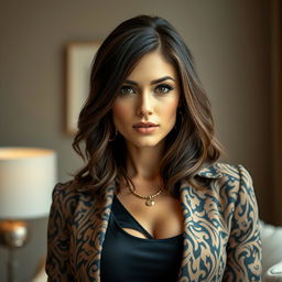 A gorgeous 40-year-old woman dressed beautifully in a fashionable outfit, facing the camera directly