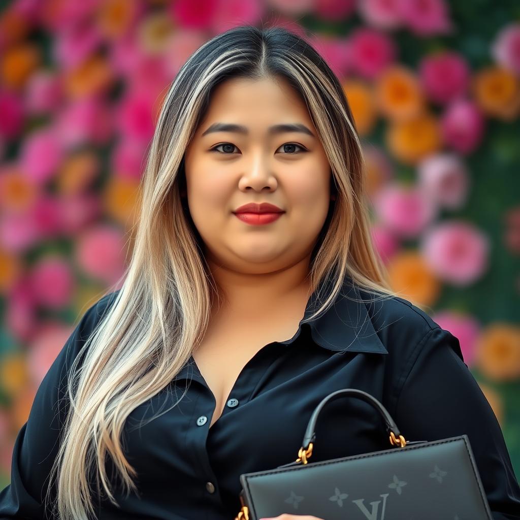 A plump Asian woman with two-toned skin and long highlighted hair, featuring a small mouth and small nose