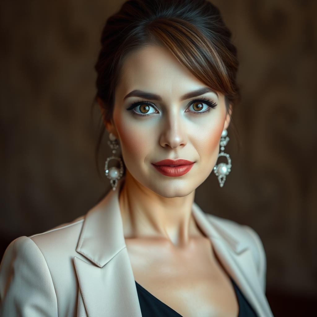 A stunning 40-year-old woman dressed elegantly in a fashionable outfit, facing the camera directly