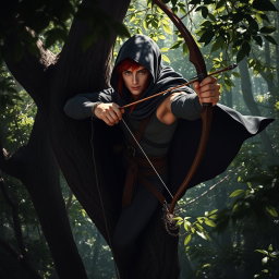 A red haired handsome male half-elf ranger perched high up in a tree in a dense forest