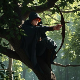 A red haired handsome male half-elf ranger perched high up in a tree in a dense forest