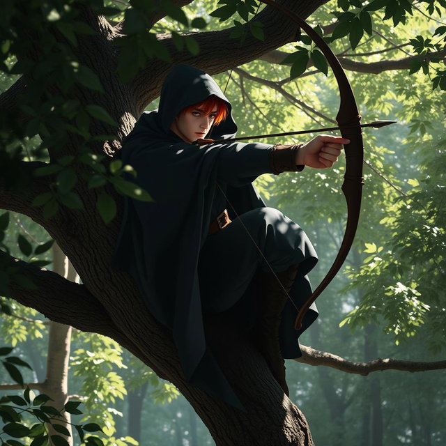 A red haired handsome male half-elf ranger perched high up in a tree in a dense forest