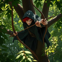 A red haired handsome male half-elf ranger perched high up in a tree in a dense forest
