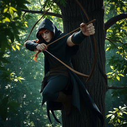 A red haired handsome male half-elf ranger perched high up in a tree in a dense forest