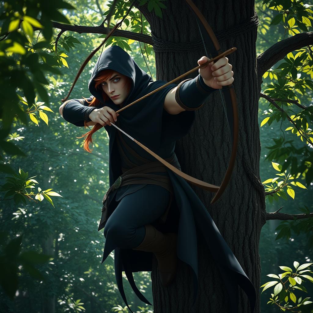 A red haired handsome male half-elf ranger perched high up in a tree in a dense forest
