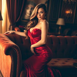 A seductive woman in a glamorous evening gown, confidently posing on a luxurious velvet couch