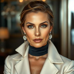 A captivating 40-year-old woman, beautifully dressed in a stylish outfit, looking directly at the camera