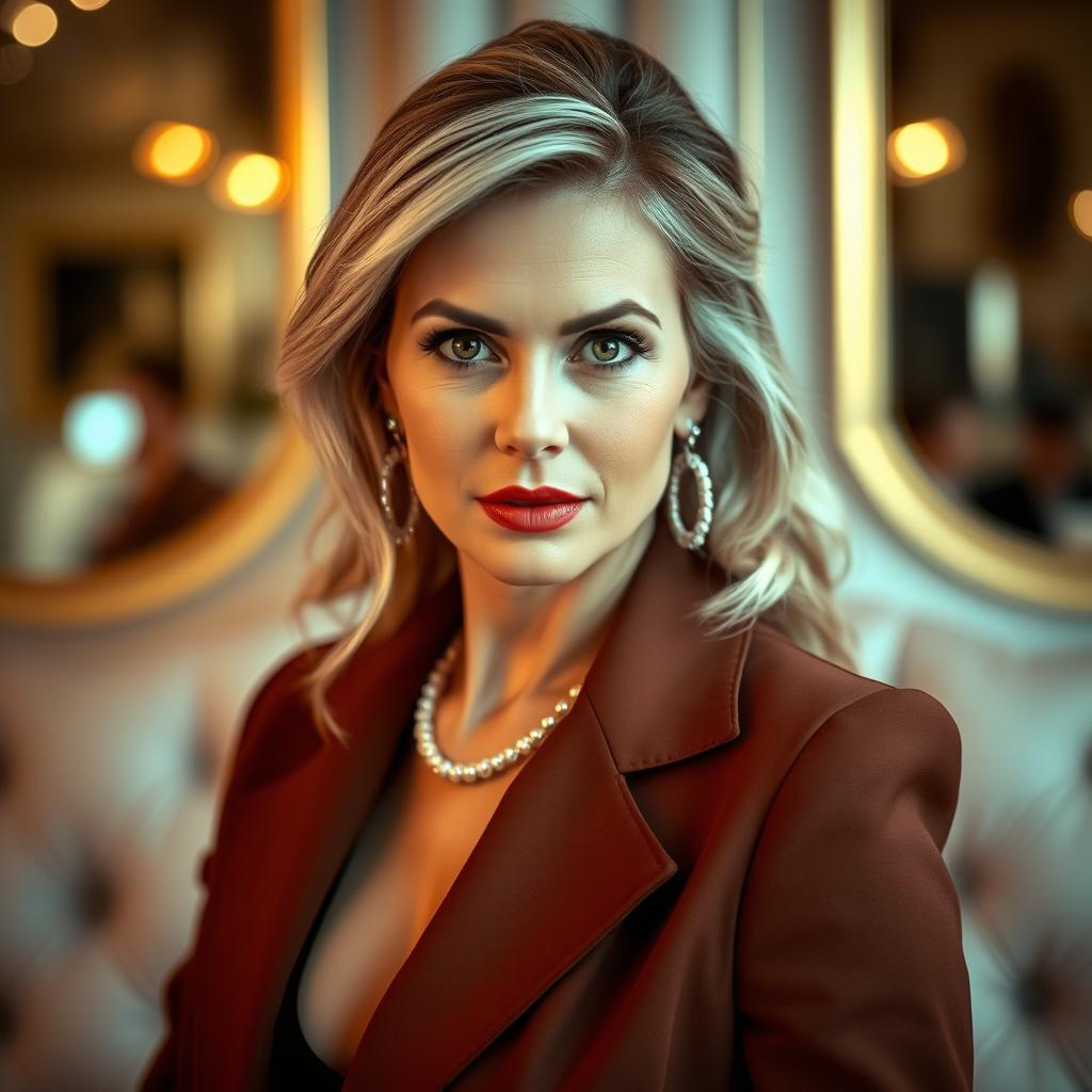 A captivating 40-year-old woman, beautifully dressed in a stylish outfit, looking directly at the camera