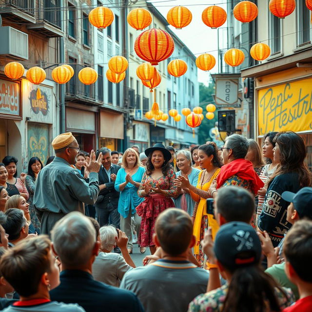 A vibrant street theater scene, featuring a diverse cast of actors performing a lively play in an urban setting