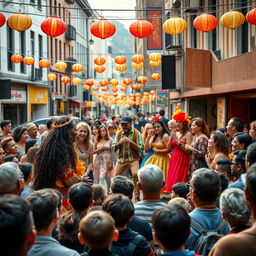 A vibrant street theater scene, featuring a diverse cast of actors performing a lively play in an urban setting