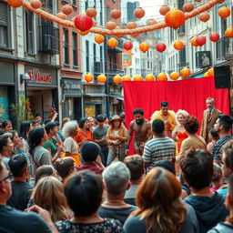 A vibrant street theater scene, featuring a diverse cast of actors performing a lively play in an urban setting