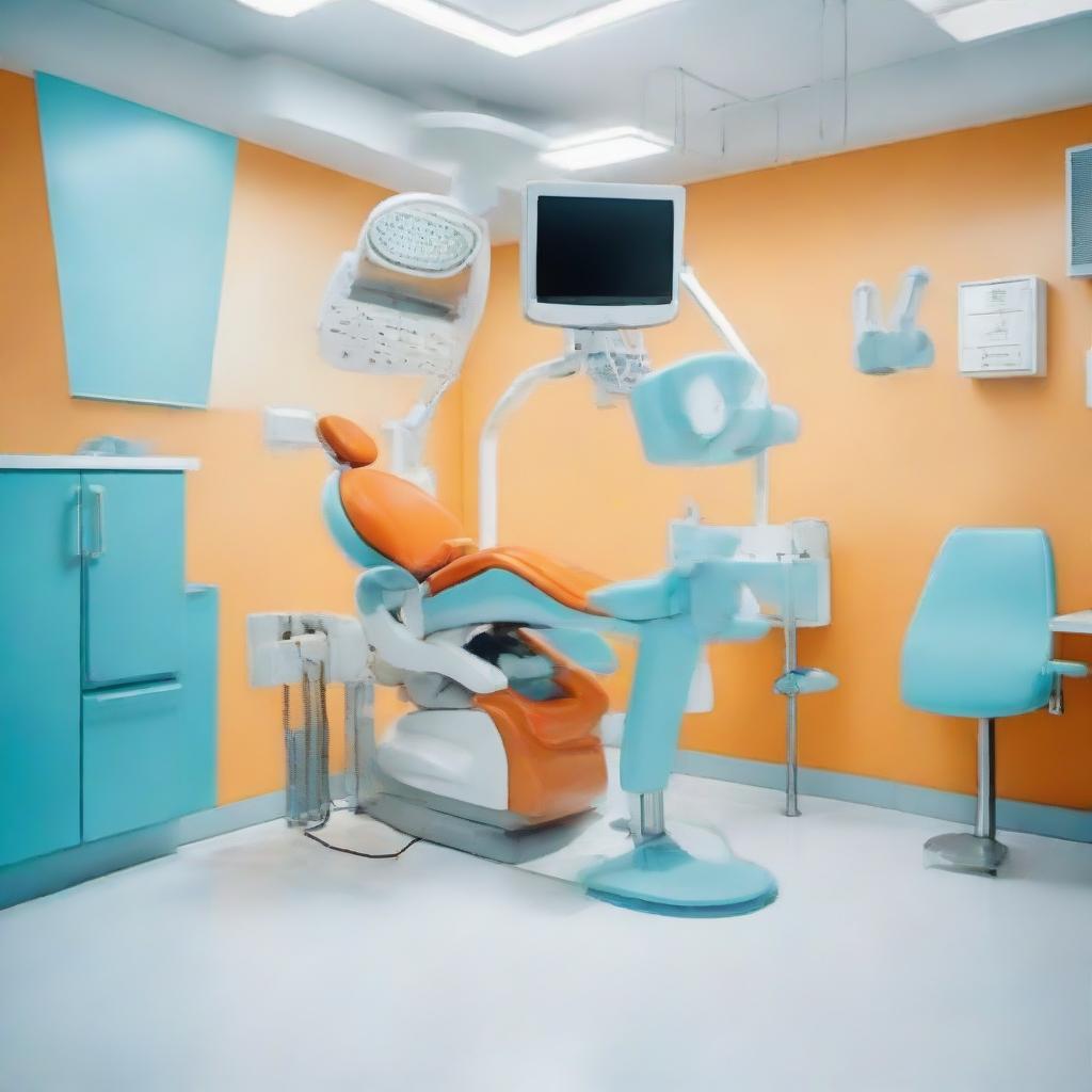 A dental unit with a striking color combination, featuring an orange dental chair against a white floor, with the rest of the room in light blue. The unit also includes modern dental equipment, offering a professional yet lively atmosphere.