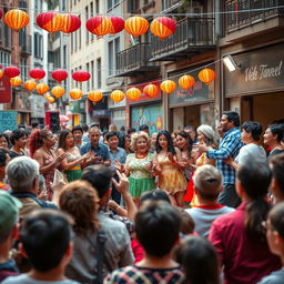 A vibrant street theater scene, featuring a diverse cast of actors performing a lively play in an urban setting