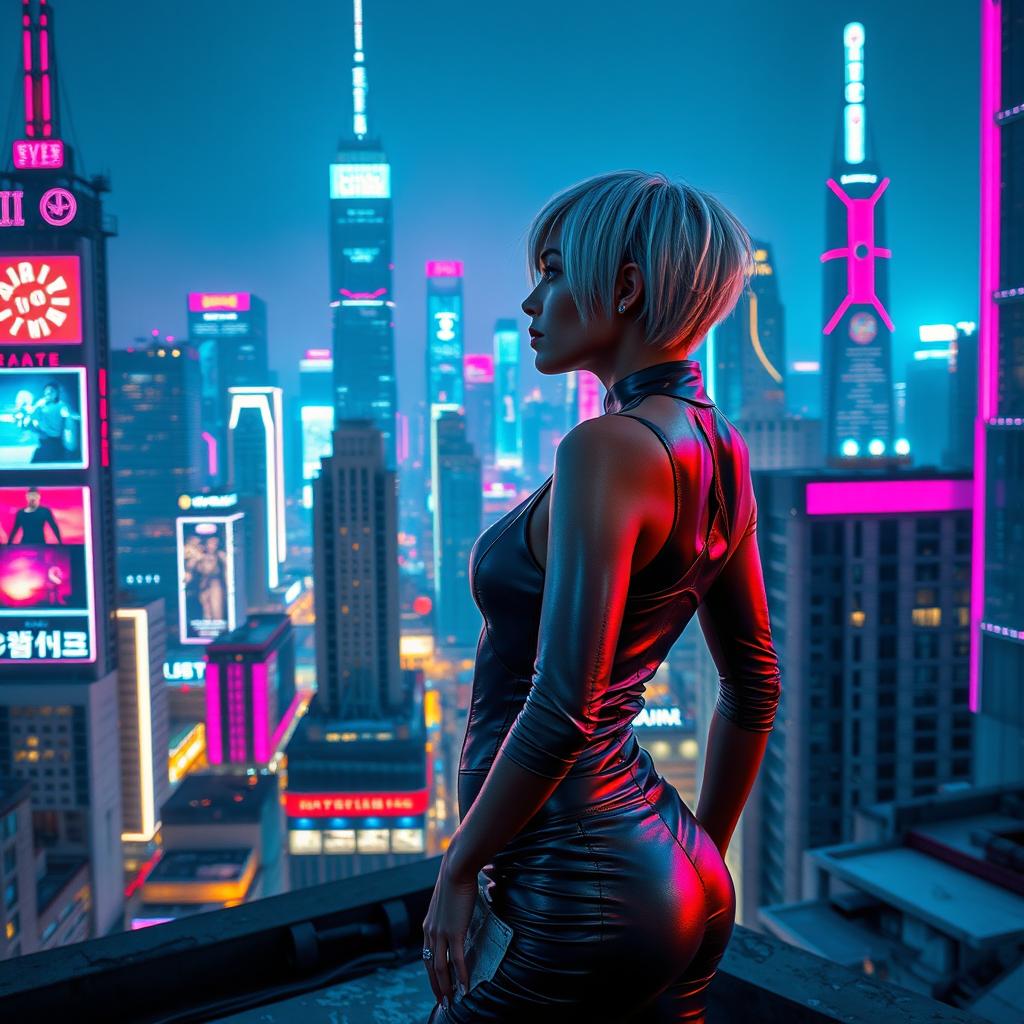 A futuristic, cyberpunk city skyline at night, illuminated by neon lights in shades of pink, blue, and violet