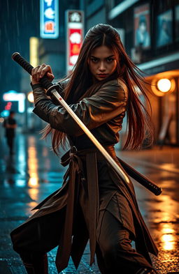 A skilled female katana master in an action-thriller scene, poised in an intense battle stance with a gleaming katana ready for combat