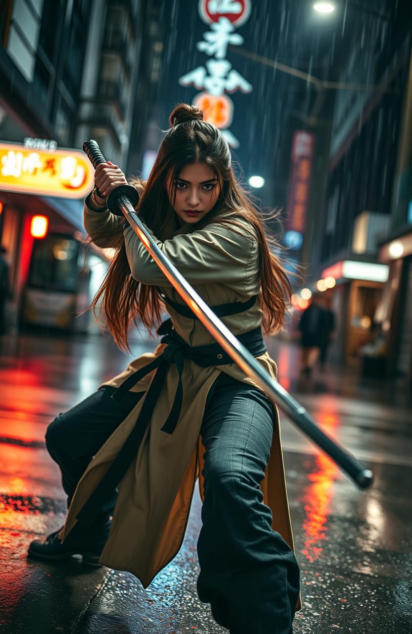 A skilled female katana master in an action-thriller scene, poised in an intense battle stance with a gleaming katana ready for combat