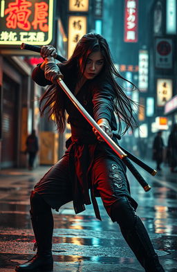 A skilled female katana master in an action-thriller scene, poised in an intense battle stance with a gleaming katana ready for combat