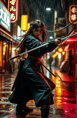A skilled female katana master in an action-thriller scene, poised in an intense battle stance with a gleaming katana ready for combat