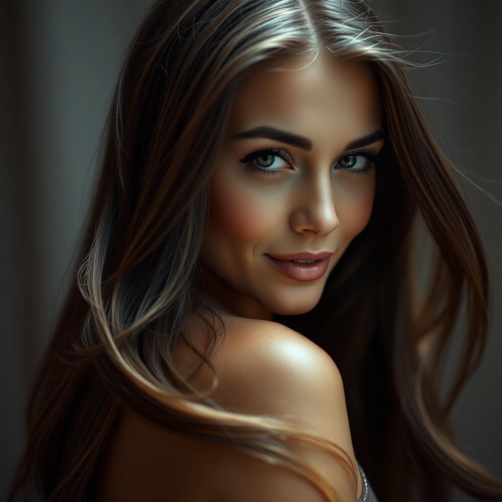 A sensual portrait of a beautiful woman with long, flowing hair, elegantly draped over her shoulders, creating a captivating and alluring appearance