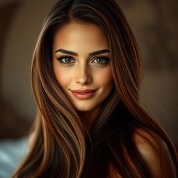 A sensual portrait of a beautiful woman with long, flowing hair, elegantly draped over her shoulders, creating a captivating and alluring appearance