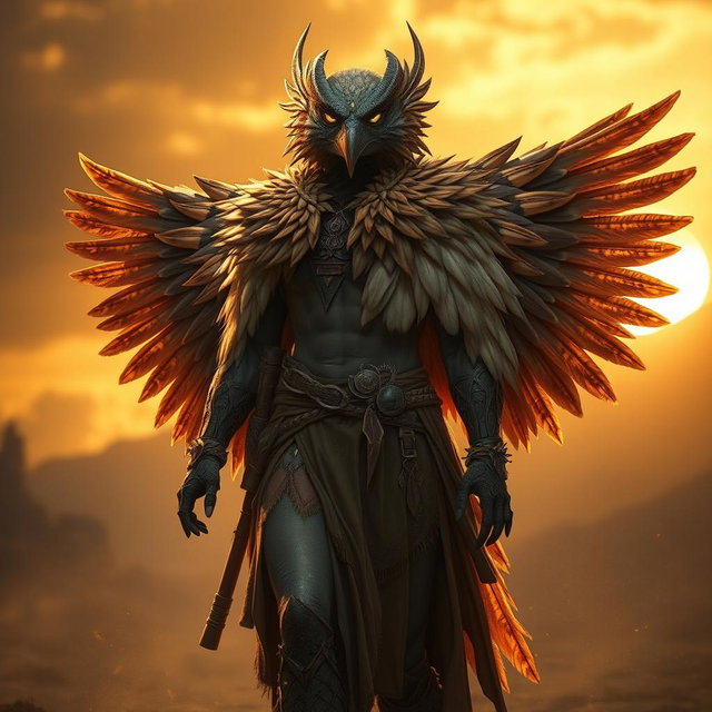 Zephyr Talonshade, a stoic Aarakocra warrior, steps forward confidently