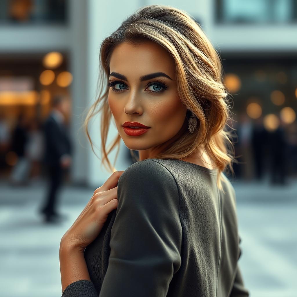 A stunning 40-year-old woman with elegant features and a provocative expression, dressed stylishly in a chic outfit