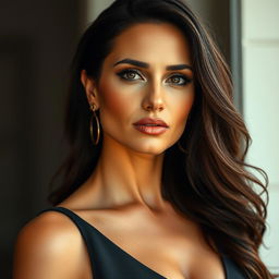 A stunning 40-year-old woman with elegant features and a provocative expression, dressed stylishly in a chic outfit