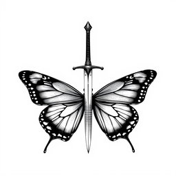 A magnificent butterfly, skillfully illustrated, holding a sword pointed upwards in its delicate antennae