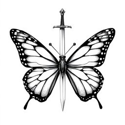 A magnificent butterfly, skillfully illustrated, holding a sword pointed upwards in its delicate antennae