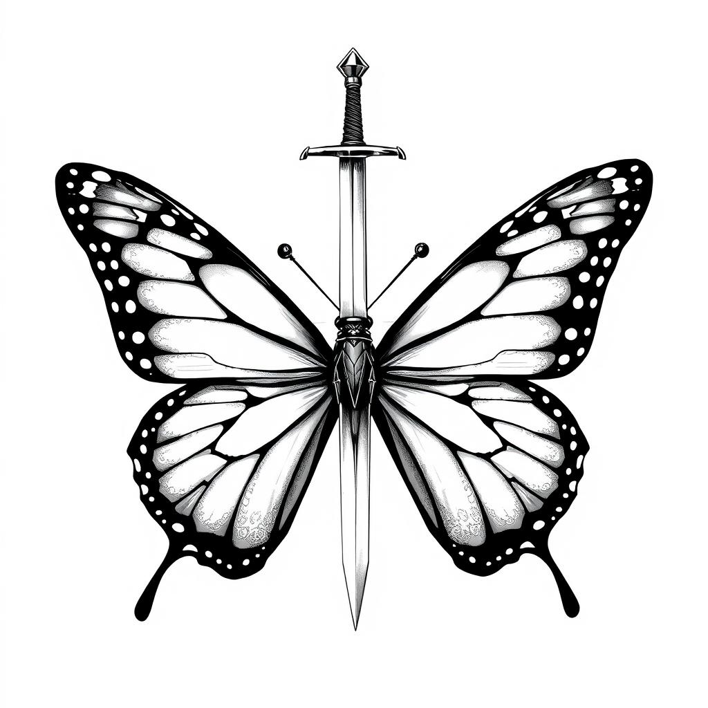 A magnificent butterfly, skillfully illustrated, holding a sword pointed upwards in its delicate antennae