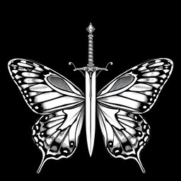 A magnificent butterfly, skillfully illustrated, holding a sword pointed upwards in its delicate antennae