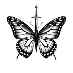 A magnificent butterfly, skillfully illustrated, holding a sword pointed upwards in its delicate antennae