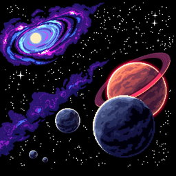A pixelated space scene featuring a dark sky filled with distant twinkling stars, vibrant nebulae in shades of purple, blue, and pink swirling in a whirling effect, and planets with textured surfaces prominently displayed in the foreground
