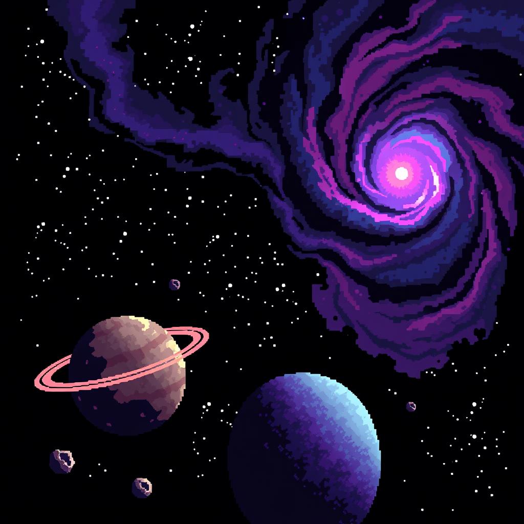 A pixelated space scene featuring a dark sky filled with distant twinkling stars, vibrant nebulae in shades of purple, blue, and pink swirling in a whirling effect, and planets with textured surfaces prominently displayed in the foreground
