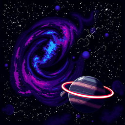 A pixelated space scene featuring a dark sky filled with distant twinkling stars, vibrant nebulae in shades of purple, blue, and pink swirling in a whirling effect, and planets with textured surfaces prominently displayed in the foreground