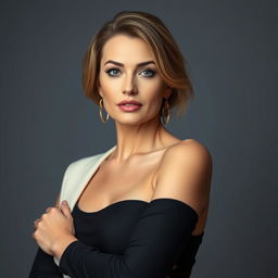 A beautiful 40-year-old woman with elegant features and a provocative expression, dressed fashionably in a stylish outfit