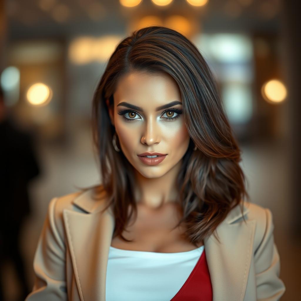 A beautiful 40-year-old woman with elegant features and a provocative expression, dressed fashionably in a stylish outfit