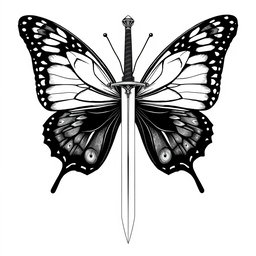 A magnificent butterfly, skillfully illustrated, holding a sword pointed downwards in its delicate wings