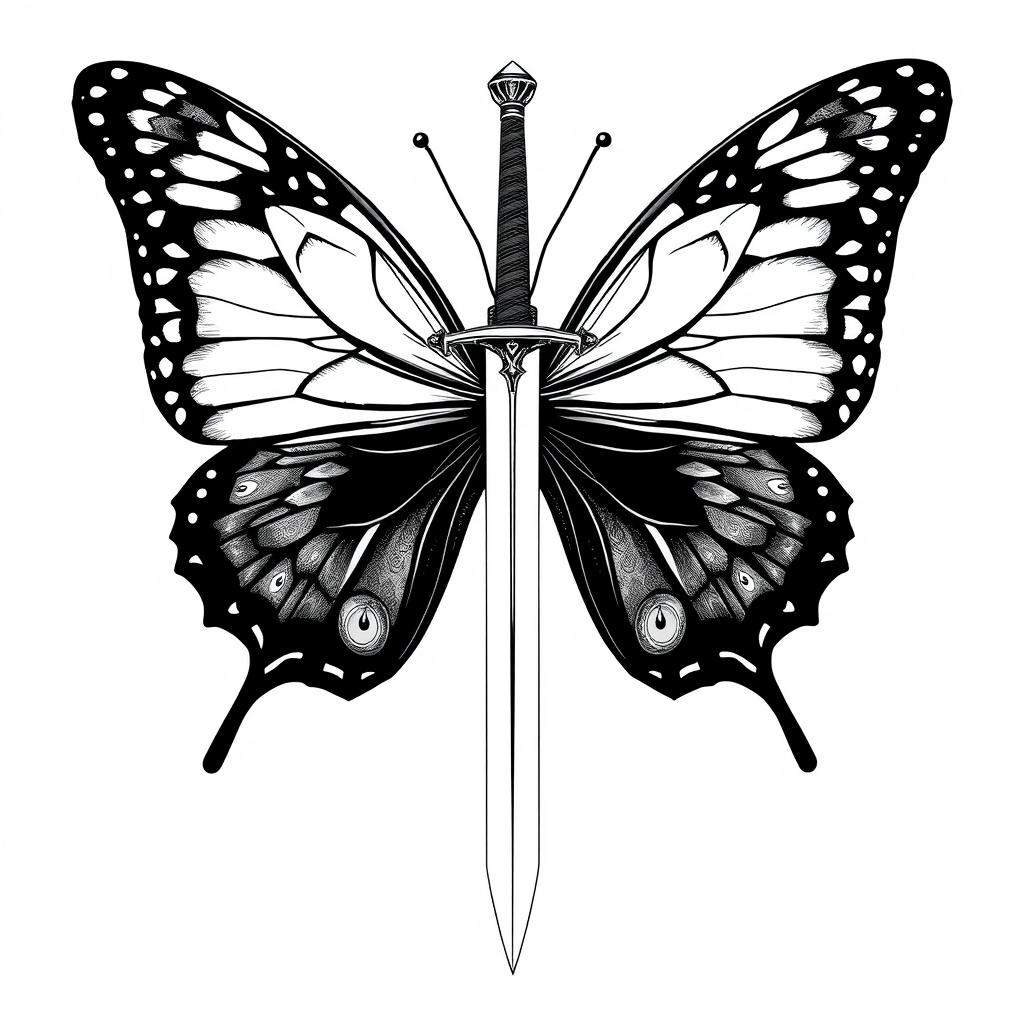 A magnificent butterfly, skillfully illustrated, holding a sword pointed downwards in its delicate wings
