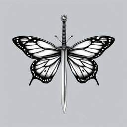 A magnificent butterfly, skillfully illustrated, holding a sword pointed downwards in its delicate wings