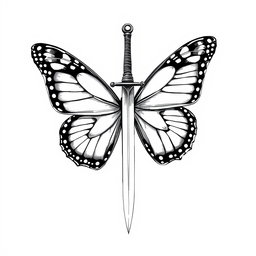 A magnificent butterfly, skillfully illustrated, holding a sword pointed downwards in its delicate wings