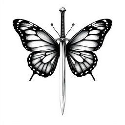 A magnificent butterfly, skillfully illustrated, holding a sword pointed downwards in its delicate wings