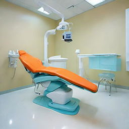 A dental unit with a bright and refreshing color scheme; a prominent orange dental chair, a sparkling white floor, and the remainder of the room in calm light-blue. The unit is equipped with state-of-the-art dental equipment.