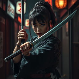 A skilled female katana master, embodying the fierce essence of the Yakuza, caught in a tense moment filled with action and betrayal