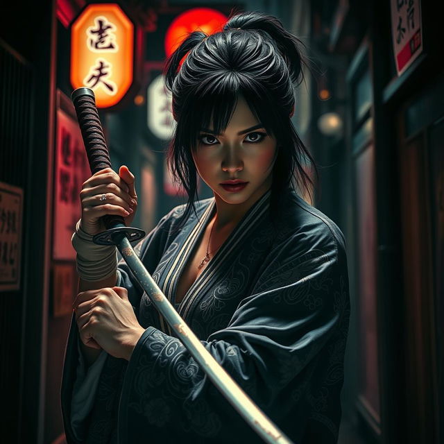 A skilled female katana master, embodying the fierce essence of the Yakuza, caught in a tense moment filled with action and betrayal