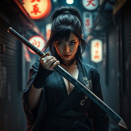 A skilled female katana master, embodying the fierce essence of the Yakuza, caught in a tense moment filled with action and betrayal