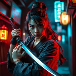 A skilled female katana master, embodying the fierce essence of the Yakuza, caught in a tense moment filled with action and betrayal