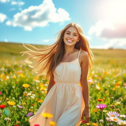 A beautiful young woman standing in a vibrant spring meadow, surrounded by colorful wildflowers